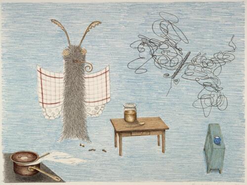 Meret Oppenheim, Parapapillonneries - Psyche, Freundin der Männer, 1973, Farbstift auf Papier, 46.5 × 55 cm, Sammlung Charlotte und Martin A. Bühler, Foto: Courtesy Charlotte und Martin A. Bühler, © 2026, ProLitteris, Zurich.