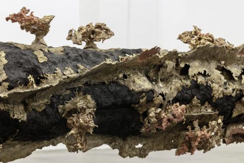 Lodgepole pine, cast copper, brass, and lead, cast polycaprolactone, 39 × 427 × 105 in, Installation view: “Matthew Barney: Redoubt”, UCCA Center for Contemporary Art, Beijing, September 28, 2019 – January 12, 2020; Courtesy UCCA Center for Contemporary Art, BeijingLaurenz Foundation, Basel