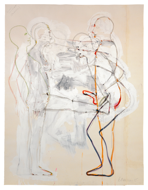Pencil, black and color grease crayon, and acrylic on patched paper, 6 ft. 5 in. × 60 5/8 in. (195.6 × 154 cm), Kunstmuseum Basel, Kupferstichkabinett, Purchase 1986, photo: Kunstmuseum Basel, Martin P. Bühler, © Bruce Nauman / 2018, ProLitteris, Zurich