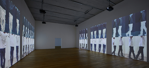 Bruce Nauman: Disappearing Acts, 17 March to 26 August 2018, Schaulager® Münchenstein/Basel, installation view with Bruce Nauman, Contrapposto Studies, i through vii, 2015/2016, Seven-channel video installation (color, sound), seven projections, continuous play, jointly owned by Emanuel Hoffmann Foundation, gift of the president 2017, on permanent loan to the Öffentliche Kunstsammlung Basel; and The Museum of Modern Art, New York, acquired in part through the generosity of Agnes Gund, © Bruce Nauman / 2018, ProLitteris, Zurich, photo: Tom Bisig, Basel