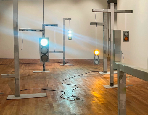 OUT OF THE BOX, 10 June to 19 November 2023, Schaulager® Münchenstein/Basel, Exhibition view with 7 works by Peter Fischli, wood, coated, color, cardboard, metal, LED-lights, glass, electronic components, glass, cable, polyurethane, for 2 sculptures: Courtesy the artist, 1 sculpture: Emanuel Hoffmann Foundation, gift of the artist 2023, on permanent loan to the Öffentliche Kunstsammlung Basel, others: Emanuel Hoffmann Foundation, on permanent loan to the Öffentliche Kunstsammlung Basel, © Peter Fischli, photo: Peter Fischli / Artist‘s image